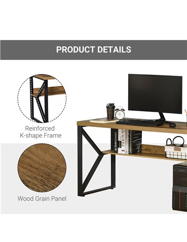 HOMCOM Writing Computer Desk with Storage Shelf, Black-Brown Wood Effect