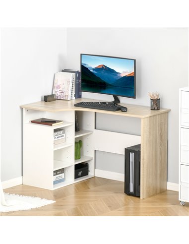 HOMCOM L-Shaped Corner Computer Desk with Storage Shelf, Oak Tone & White