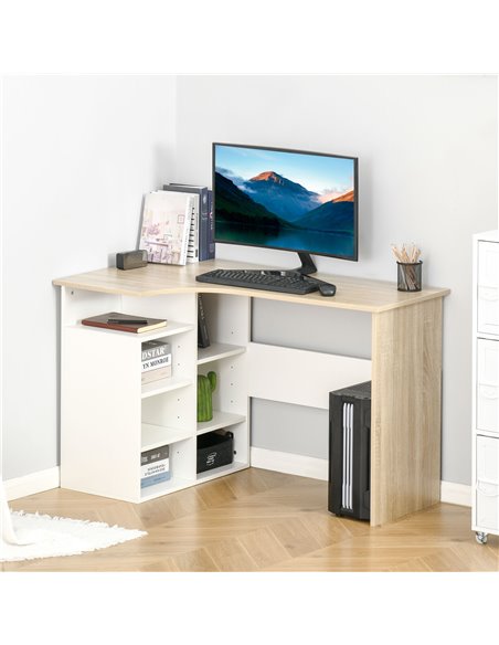 HOMCOM L-Shaped Corner Computer Desk with Storage Shelf, Oak Tone & White - pic 20457 | FastDaddyshop
