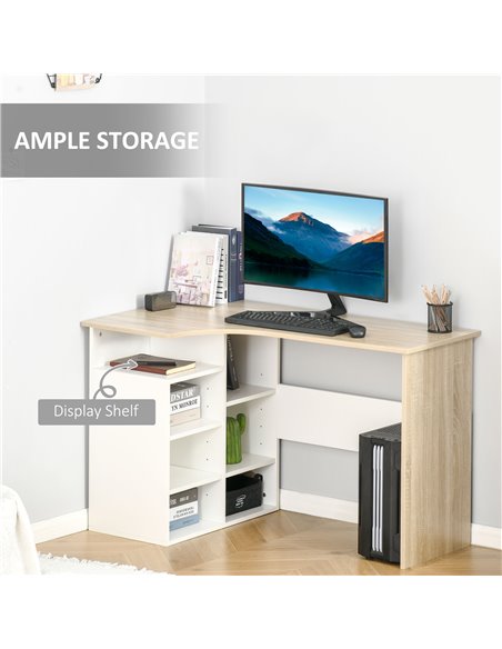 HOMCOM L-Shaped Corner Computer Desk with Storage Shelf, Oak Tone & White - pic 20459 | FastDaddyshop