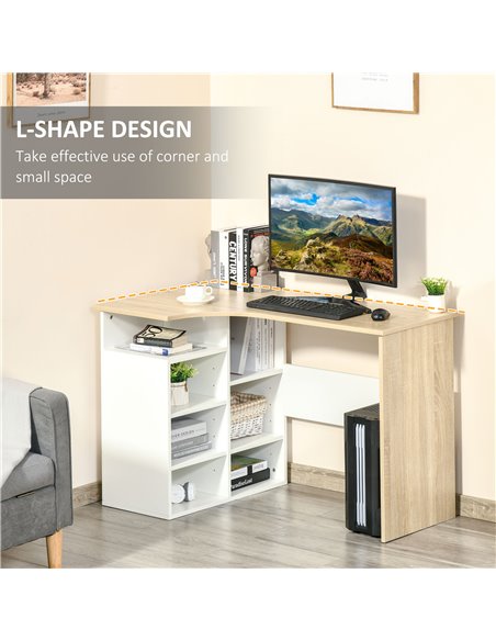 HOMCOM L-Shaped Corner Computer Desk Study Table PC Work w/ Storage Shelf Office Home Workstation - Oak Tone and White - pic 20460 | FastDaddyshop