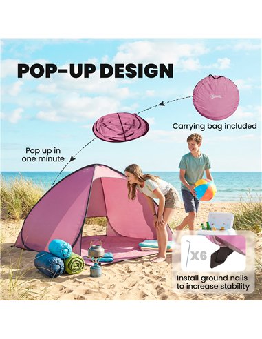 Outsunny Pop up Beach Tent, UV 50+ Sun Shelter with Carry Bag, 2x1.5m for 2-3 Person, Pink