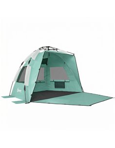 Outsunny 2-3 Person Pop Up Beach Tent, UPF15+ Sun Shelter with Extended Floor, Sandbags, Mesh Windows and Carry Bag, Green