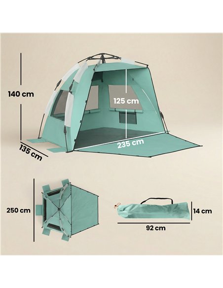 Outsunny 2-3 Person Pop Up Beach Tent, UPF15+ Sun Shelter with Extended Floor, Sandbags, Mesh Windows and Carry Bag, Green - pic 204626 | FastDaddyshop