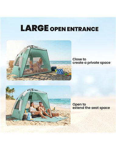 Outsunny 2-3 Person Pop Up Beach Tent, UPF15+ Sun Shelter with Extended Floor, Sandbags, Mesh Windows and Carry Bag, Green