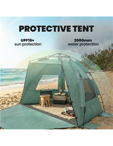 Outsunny 2-3 Person Pop Up Beach Tent, UPF15+ Sun Shelter with Extended Floor, Sandbags, Mesh Windows and Carry Bag, Green