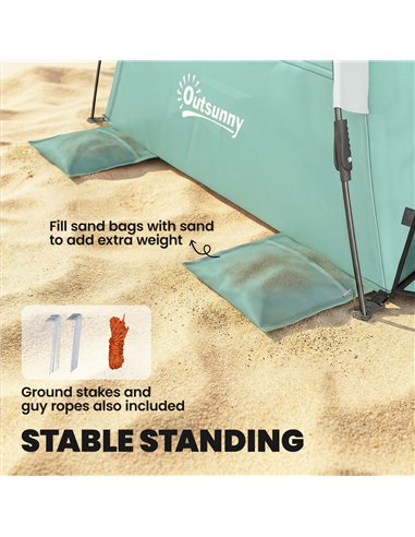 Outsunny 2-3 Person Pop Up Beach Tent, UPF15+ Sun Shelter with Extended Floor, Sandbags, Mesh Windows and Carry Bag, Green