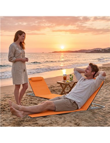 Outsunny Set of Two Metal Frame Beach Chairs, with Reclining Backs - Orange