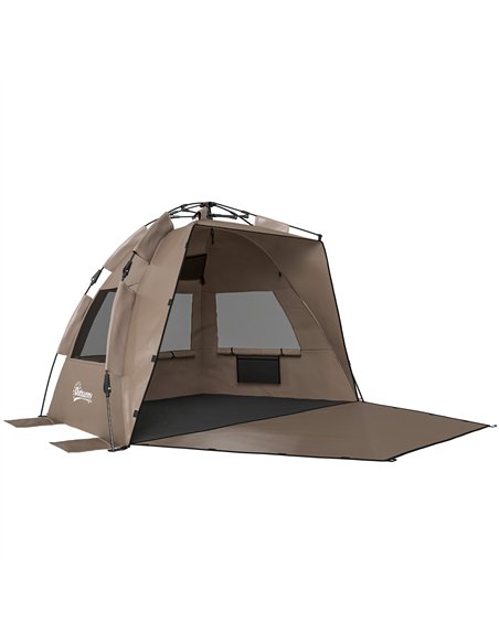 Outsunny 2-3 Person Pop Up Beach Tent, UPF15+ Sun Shelter with Extended Floor, Sandbags, Mesh Windows and Carry Bag, Brown - pic 204642 | FastDaddyshop