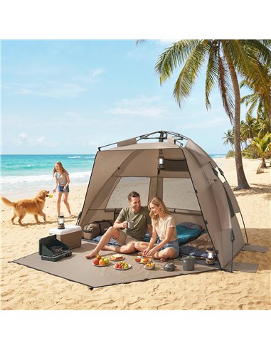 Outsunny 2-3 Person Pop Up Beach Tent, UPF15+ Sun Shelter with Extended Floor, Sandbags, Mesh Windows and Carry Bag, Brown