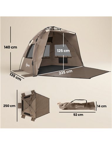 Outsunny 2-3 Person Pop Up Beach Tent, UPF15+ Sun Shelter with Extended Floor, Sandbags, Mesh Windows and Carry Bag, Brown