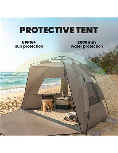 Outsunny 2-3 Person Pop Up Beach Tent, UPF15+ Sun Shelter with Extended Floor, Sandbags, Mesh Windows and Carry Bag, Brown