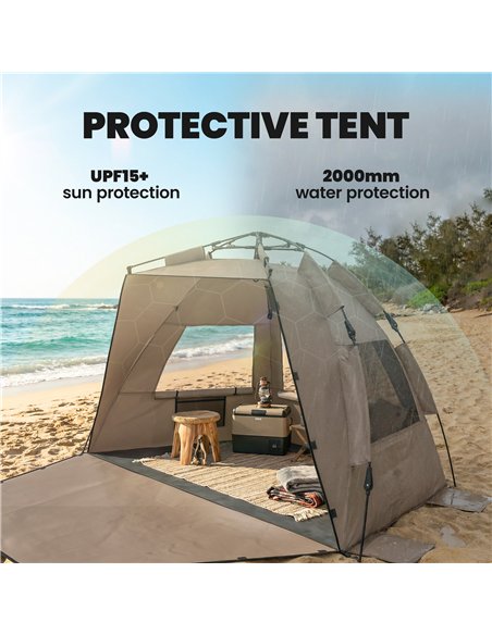 Outsunny 2-3 Person Pop Up Beach Tent, UPF15+ Sun Shelter with Extended Floor, Sandbags, Mesh Windows and Carry Bag, Brown - pic 204648 | FastDaddyshop
