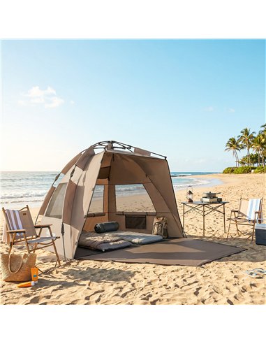 Outsunny 2-3 Person Pop Up Beach Tent, UPF15+ Sun Shelter with Extended Floor, Sandbags, Mesh Windows and Carry Bag, Brown