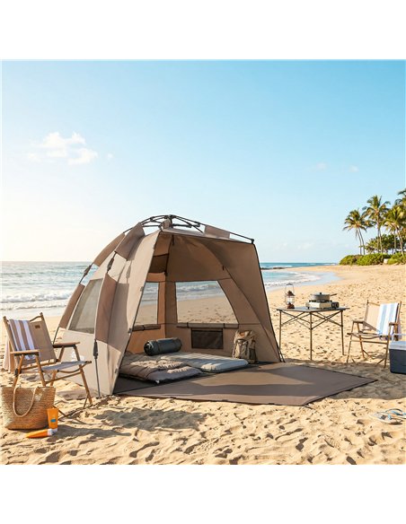 Outsunny 2-3 Person Pop Up Beach Tent, UPF15+ Sun Shelter with Extended Floor, Sandbags, Mesh Windows and Carry Bag, Brown - pic 204650 | FastDaddyshop