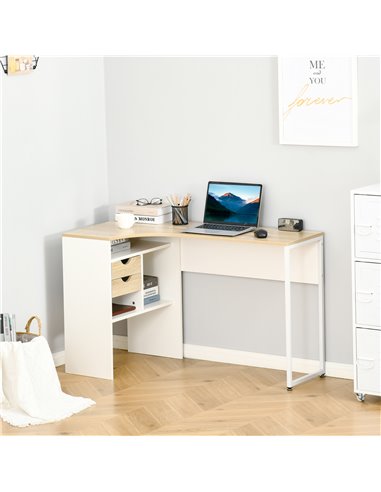 HOMCOM L-Shaped Corner Computer Desk with Storage Shelf, Drawer, Light Brown