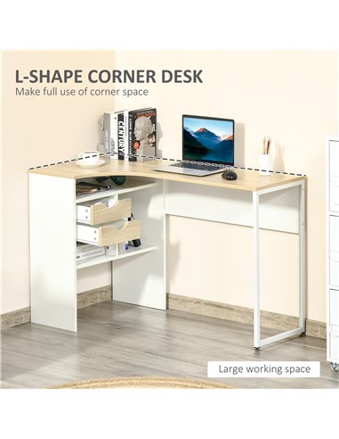 HOMCOM L-Shaped Corner Computer Desk with Storage Shelf, Drawer, Light Brown