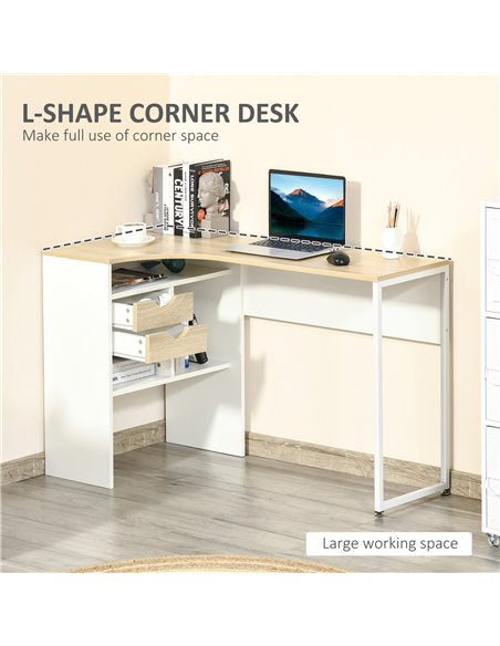 HOMCOM L-Shaped Corner Computer Desk with Storage Shelf, Drawer, Light Brown - pic 20469 | FastDaddyshop