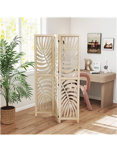 HOMCOM 3 Panel Room Divider, Detachable Folding Privacy Screens with Palm Leaf Design for Home Office, Natural Wood Finish 2