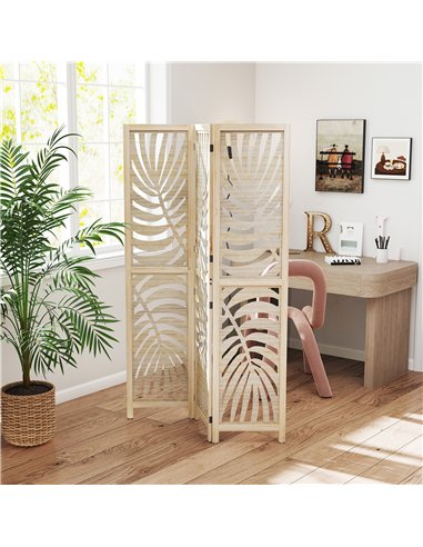 HOMCOM 3 Panel Room Divider, Detachable Folding Privacy Screens with Palm Leaf Design for Home Office, Natural Wood Finish