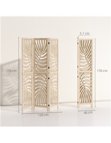 HOMCOM 3 Panel Room Divider, Detachable Folding Privacy Screens with Palm Leaf Design for Home Office, Natural Wood Finish
