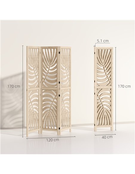 HOMCOM 3 Panel Room Divider, Detachable Folding Privacy Screens with Palm Leaf Design for Home Office, Natural Wood Finish - pic 204716 | FastDaddyshop