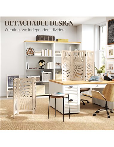 HOMCOM 3 Panel Room Divider, Detachable Folding Privacy Screens with Palm Leaf Design for Home Office, Natural Wood Finish
