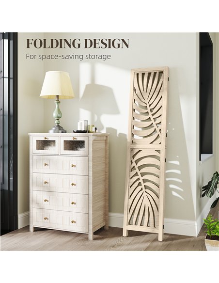 HOMCOM 3 Panel Room Divider, Detachable Folding Privacy Screens with Palm Leaf Design for Home Office, Natural Wood Finish - pic 204718 | FastDaddyshop
