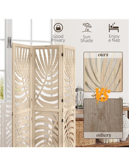 HOMCOM 3 Panel Room Divider, Detachable Folding Privacy Screens with Palm Leaf Design for Home Office, Natural Wood Finish - pic 204719 | FastDaddyshop