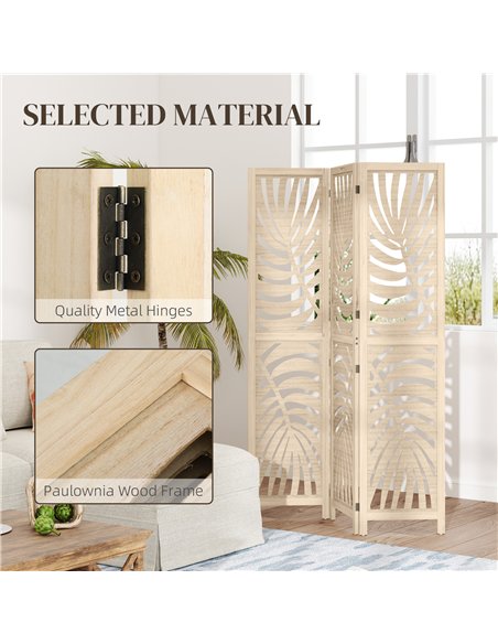 HOMCOM 3 Panel Room Divider, Detachable Folding Privacy Screens with Palm Leaf Design for Home Office, Natural Wood Finish - pic 204720 | FastDaddyshop