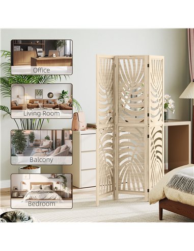HOMCOM 3 Panel Room Divider, Detachable Folding Privacy Screens with Palm Leaf Design for Home Office, Natural Wood Finish