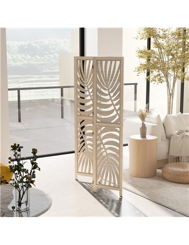 HOMCOM 3 Panel Room Divider, Detachable Folding Privacy Screens with Palm Leaf Design for Home Office, Natural Wood Finish