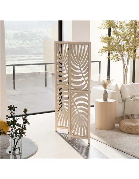 HOMCOM 3 Panel Room Divider, Detachable Folding Privacy Screens with Palm Leaf Design for Home Office, Natural Wood Finish - pic 204722 | FastDaddyshop