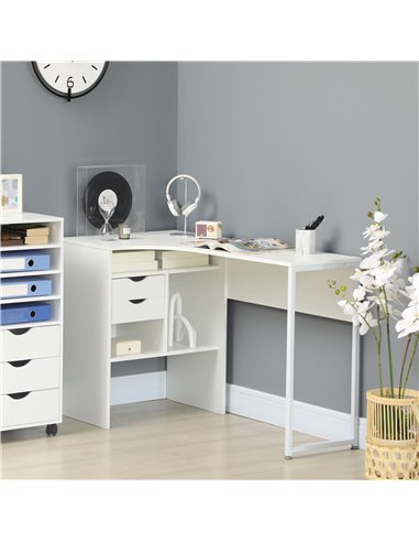 HOMCOM L-Shaped Corner Computer Desk with Storage Shelf, Drawer, White
