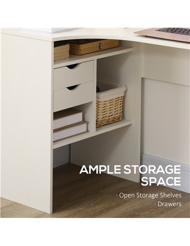 HOMCOM L-Shaped Corner Computer Desk with Storage Shelf, Drawer, White