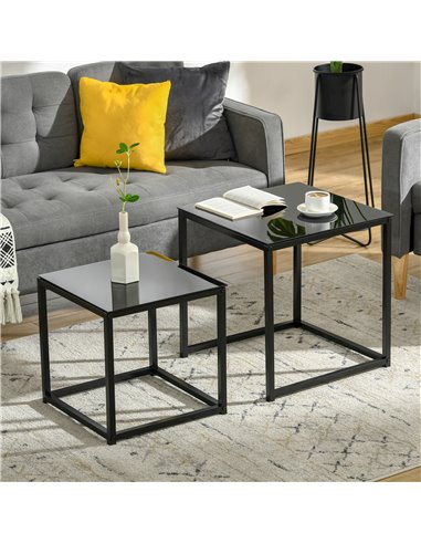 HOMCOM Nest of 2 Side Tables with Tempered Glass Desktop, Black