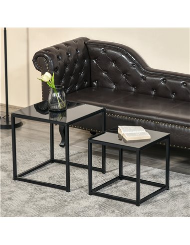 HOMCOM Nest of 2 Side Tables with Tempered Glass Desktop, Black