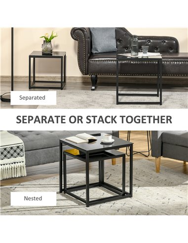 HOMCOM Nest of 2 Side Tables, Set of Modern Bedside Tables with Tempered Glass Desktop for Living Room, Bedroom, Office, Black