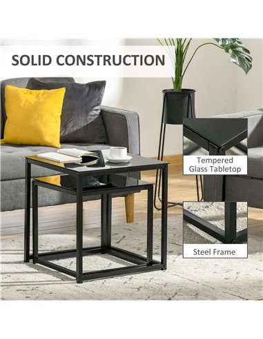 HOMCOM Nest of 2 Side Tables, Set of Modern Bedside Tables with Tempered Glass Desktop for Living Room, Bedroom, Office, Black