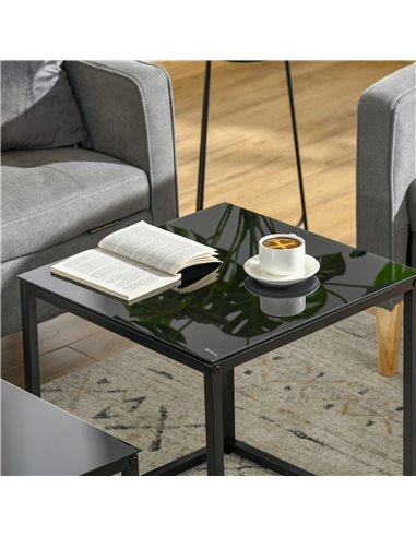 HOMCOM Nest of 2 Side Tables, Set of Modern Bedside Tables with Tempered Glass Desktop for Living Room, Bedroom, Office, Black