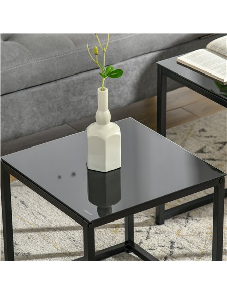 HOMCOM Nest of 2 Side Tables, Set of Modern Bedside Tables with Tempered Glass Desktop for Living Room, Bedroom, Office, Black - pic 20491 | FastDaddyshop