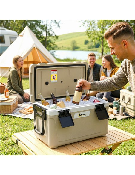Outsunny 42.6L Insulated Cool Box, Lightweight Portable Ice Cooler with Handle, Lid and Drain Valve, Khaki - pic 204940 | FastDaddyshop