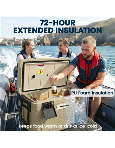 Outsunny 42.6L Insulated Cool Box, Lightweight Portable Ice Cooler with Handle, Lid and Drain Valve, Khaki