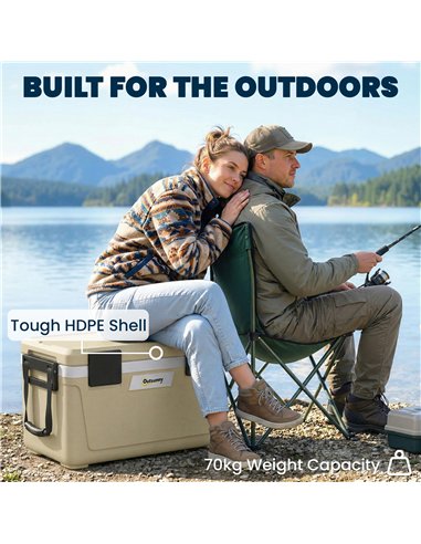 Outsunny 42.6L Insulated Cool Box, Lightweight Portable Ice Cooler with Handle, Lid and Drain Valve, Khaki