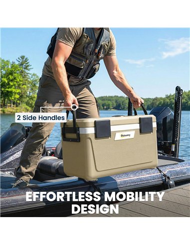 Outsunny 42.6L Insulated Cool Box, Lightweight Portable Ice Cooler with Handle, Lid and Drain Valve, Khaki