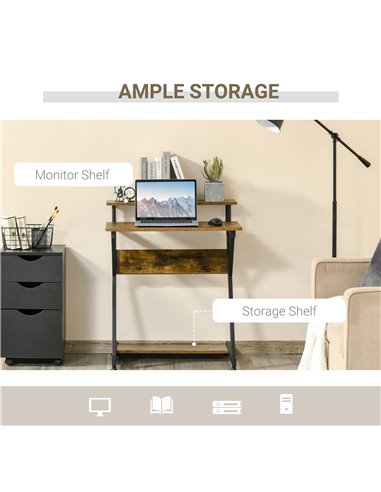 HOMCOM Compact Computer Table, R Shape Desk with Monitor Shelf and Storage, Brown