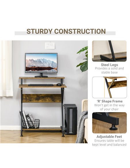 HOMCOM Compact Computer Table, R Shape Desk with Monitor Shelf and Storage for Home Office, Small, Study and Gaming 70cm, Brown - pic 20496 | FastDaddyshop