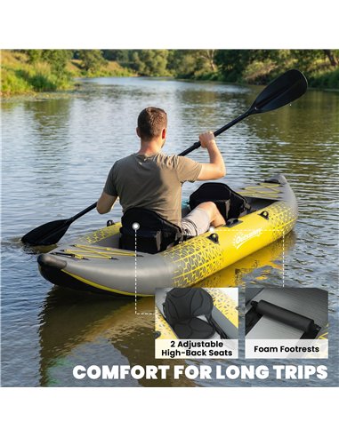 Outsunny 12.5' Inflatable Kayak Set, 2-person Sit on Canoe with Aluminium Oars, Grey and Yellow