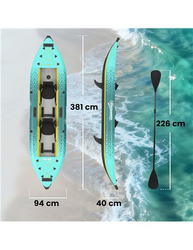 Outsunny 12.5' Inflatable Kayak Set, 2-person Sit on Canoe with Aluminium Oars, Blue and Yellow