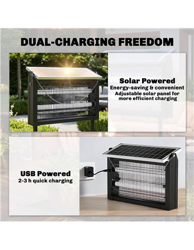 Outsunny Solar Bug Zapper Outdoor, 3500 V Electric Mosquito Fly Zapper with 4.3 m Cord, Dusk-to-Dawn Control, Black